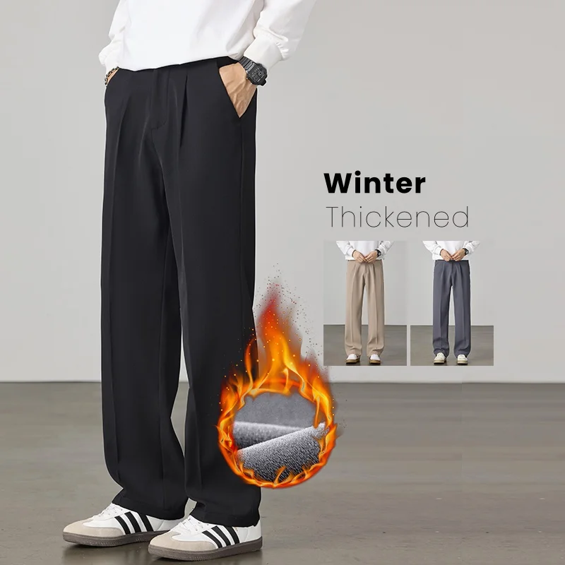 

Утолщенные флисовые мужские прямые повседневные брюки, удобные повседневные корейские свободные широкие брюки с эластичной резинкой на талии, теплые бархатные брюки мужские
