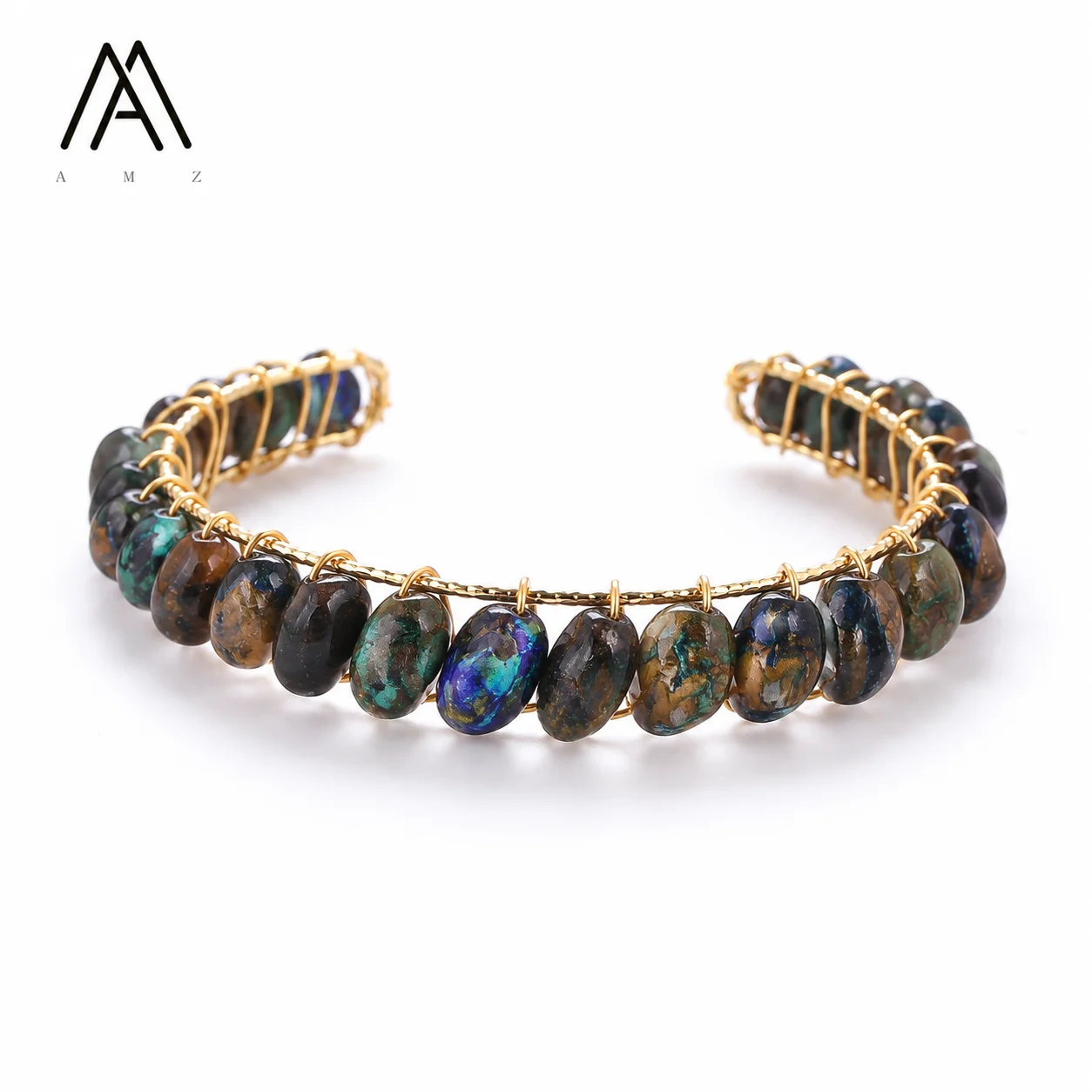 Handmade Natural Azurite Stone Cuff Bracelet Open Bangle Women's Chips Stone Crystal Cuff 18K Gold Plated Meditation Jewelry