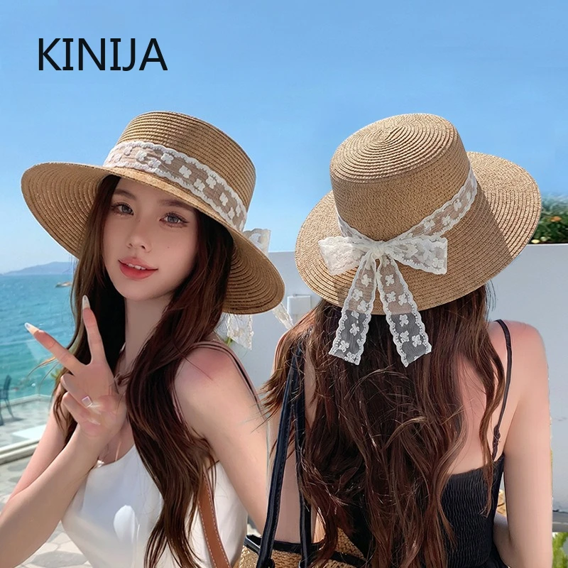 Sommerhut für Damen mit Spitze und Schleife, breiter Krempe, französischer Retro-Fischerhut, Sonnenschutz, Strandhut, Damen-Strandaccessoires, flacher Oberteil