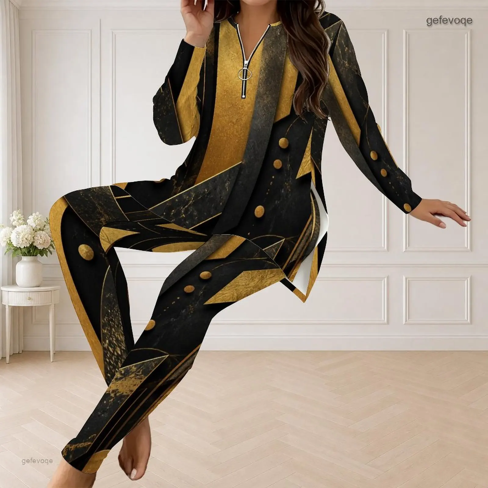 Fall Graphic Print Plus Size Sets Women V Neck  Black Gold Geometric Plus Size Clothes Womens Clothing For Loungewear