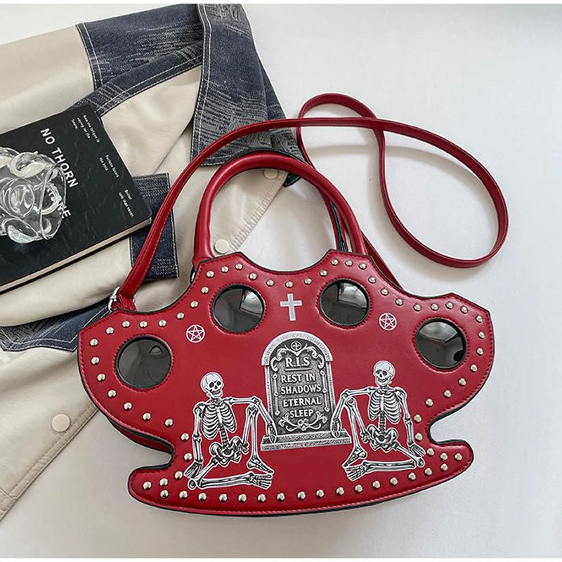 Modische Halloween-Totenkopf-Gothic-Handtasche, Persönliche Vintage-Damen-Tragetasche, Schultertasche, Umhängetasche, Street-Style, Punk-Nieten – Detail 16