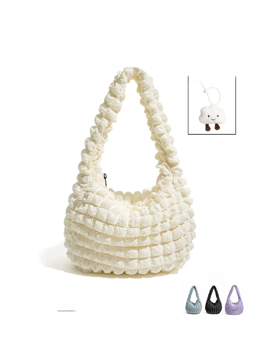 

Lemon Girl Lazy Folded Cute Cloud Bubble Bag White New Style Bubble Bag Commuting Large Capacity Underarm Bag Soft Handle