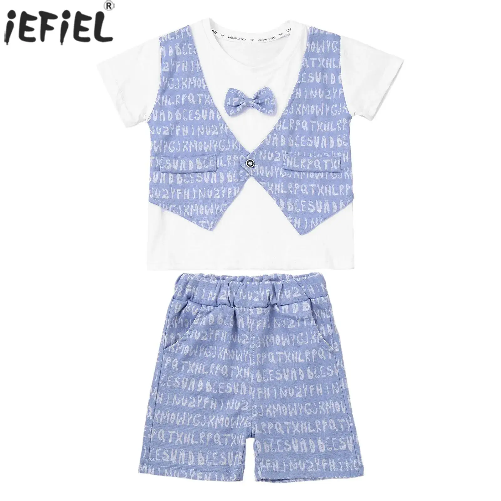 

Toddler Boys Gentleman Suit Outfits Short Sleeve Fixed Bow Tie T-shirt Fake Vest And Casual Shorts Kids Birthday Party Clothes
