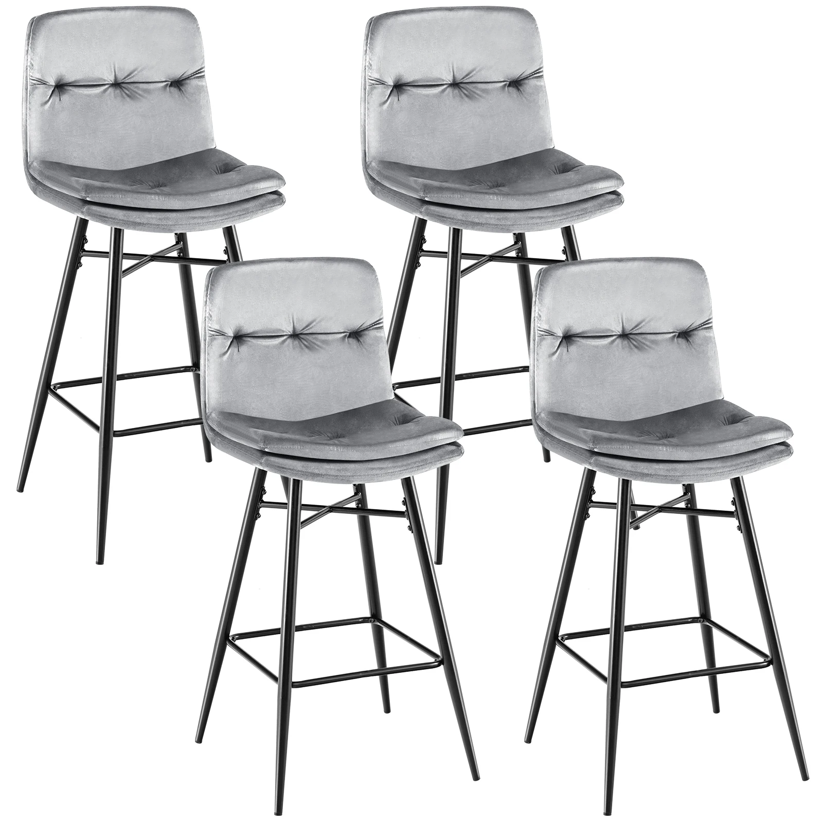 Set of 4 Velvet Bar Stools Bar Height Kitchen Dining Chairs w/ Metal Legs Grey