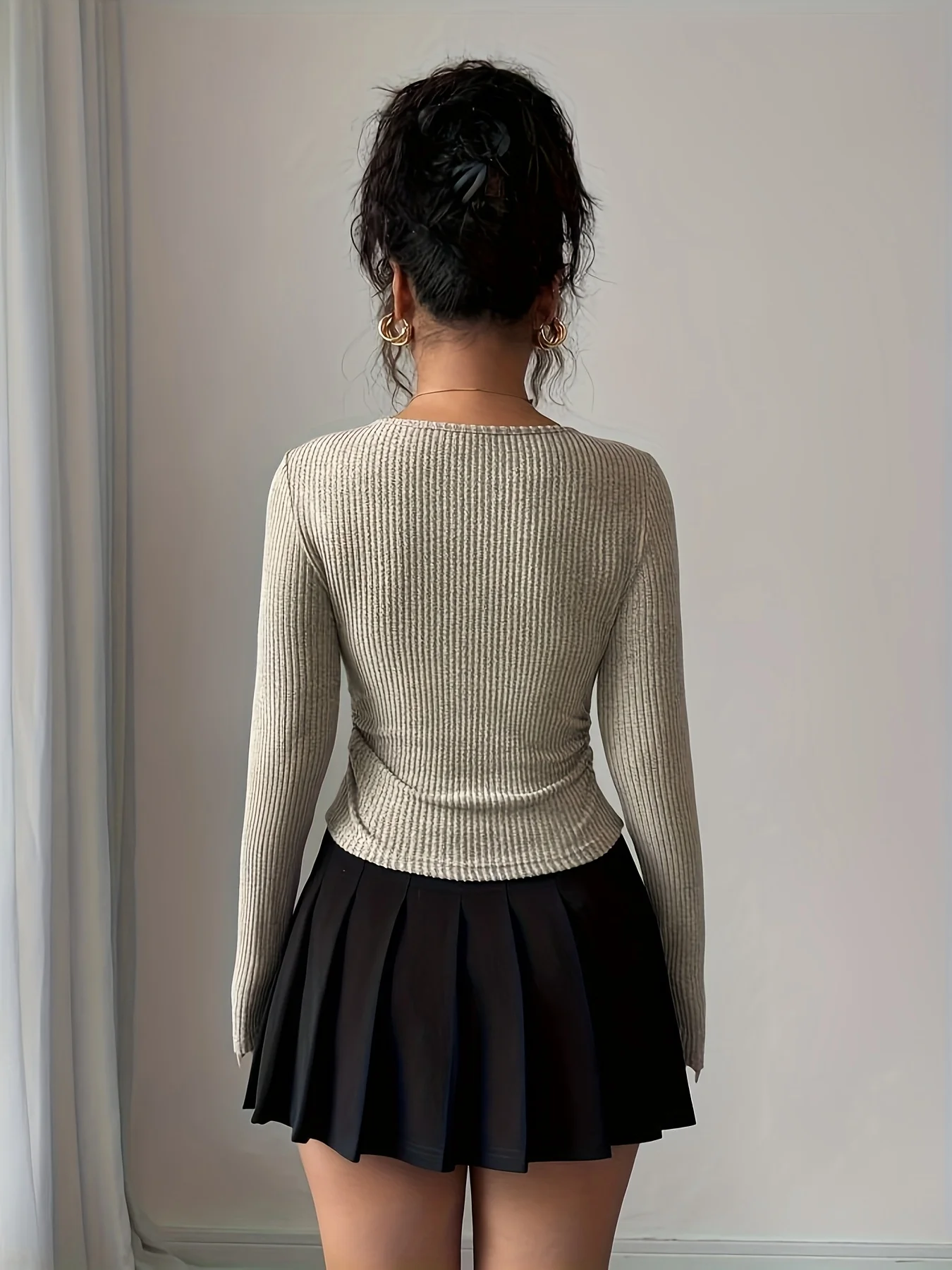 Elegant Women's Knitted Long Sleeve T-Shirt Autumn Winter New Style Pure Color Square Collar Butterfly Knot Decoration Side Spli