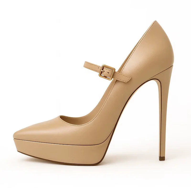 Spring new pointed scalp surface one-word buckle waterproof table single shoes banquet large size customized women's high heels