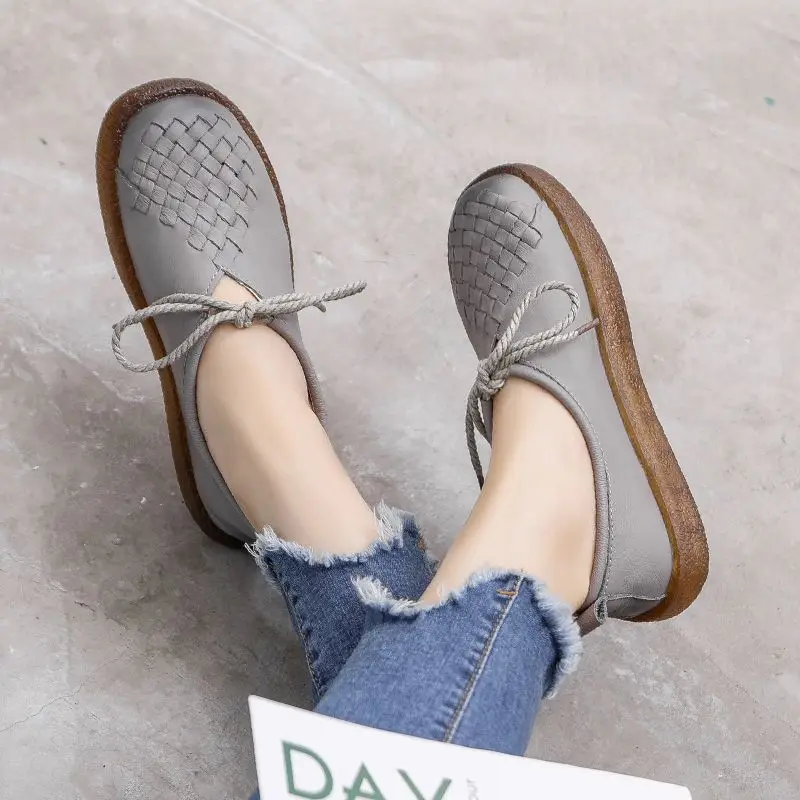 Oxford Flats Women Spring Genuine Leather Shoes Vintage Ladies Casual Walking Shoes Mom Flats 2021 Trend