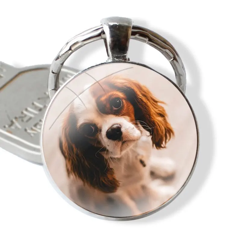 Keychain Handmade Glass Cabochon Key Ring Holder Pendant Key Chains Gift Fashion Cartoon Funny Cavalier King Charles Spaniel Dog