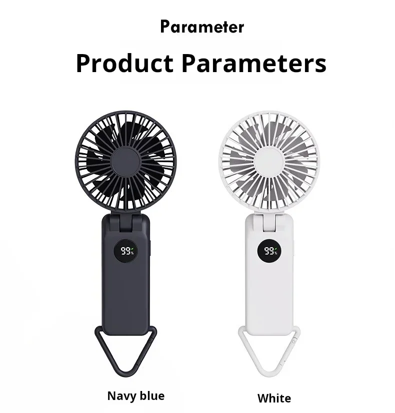 

Foldable Handheld Fan with Carabiner Clip 90-Degree Folding Three Speeds LED Display 2000mAh Battery for Travel and Desk Use