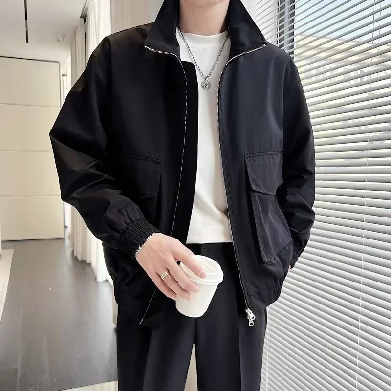 Autumn Men's Solid Color Zipper Cargo Jackets New Korean Fashion Cardigan Coats Stand Collar Streetwear Bomber Jacket Hombre