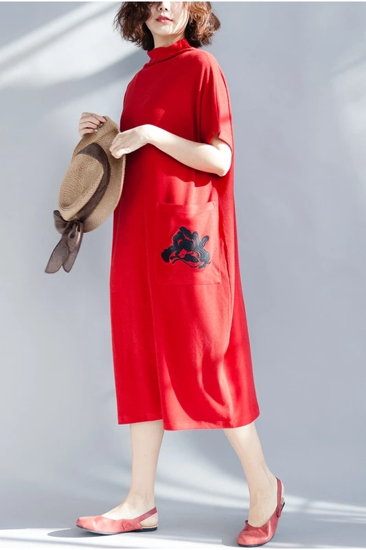 plus Size Autumn Base irt Loose f High Collar Embroidered Bat Sve Dr Women's plus Size Clothing Comfortable Dr