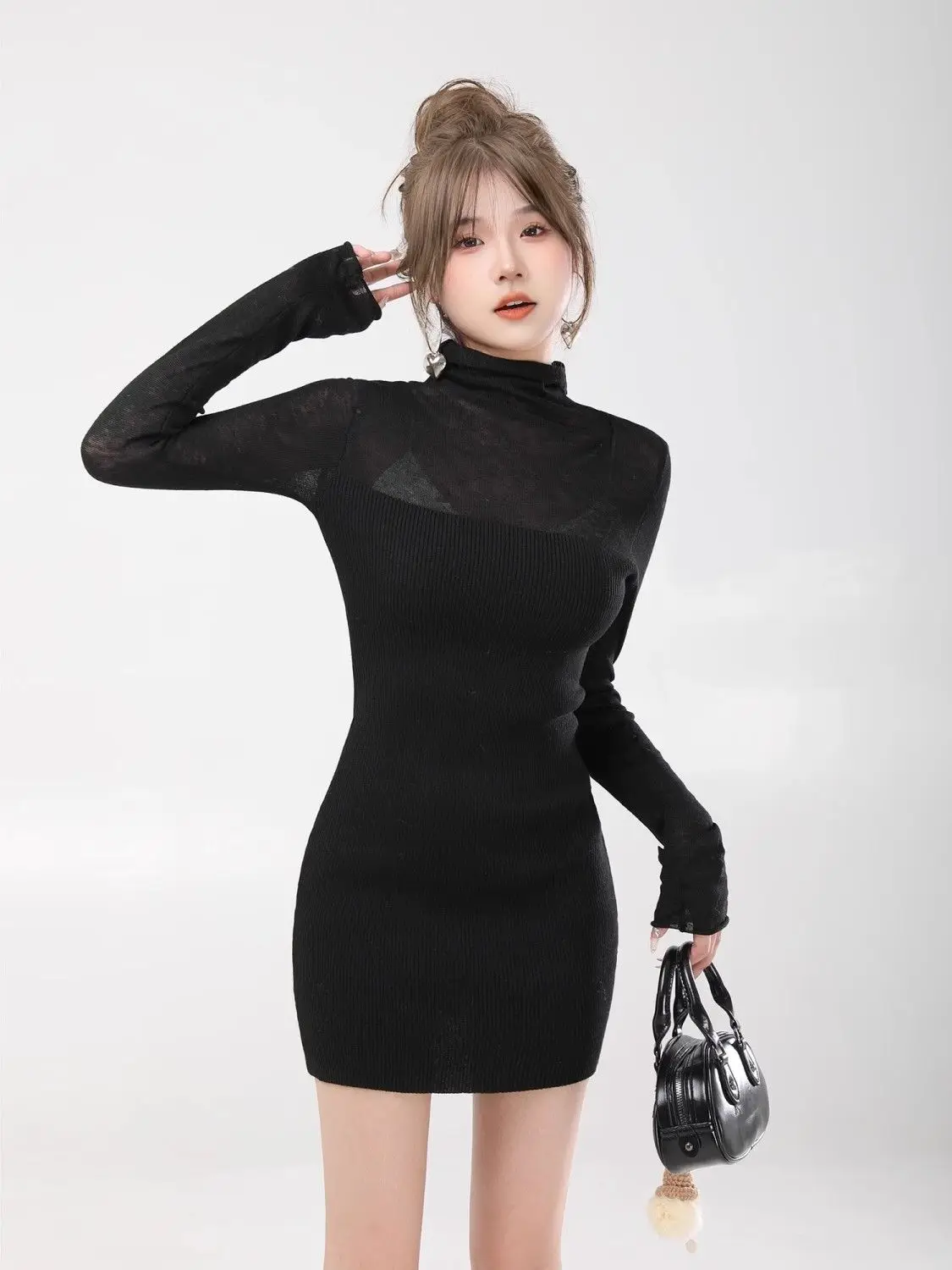 허리 포장 힙 포장 드레스가 있는 니트 드레스슈퍼 바디 모양 변덕스러운 공주 달콤한 내부 스커트