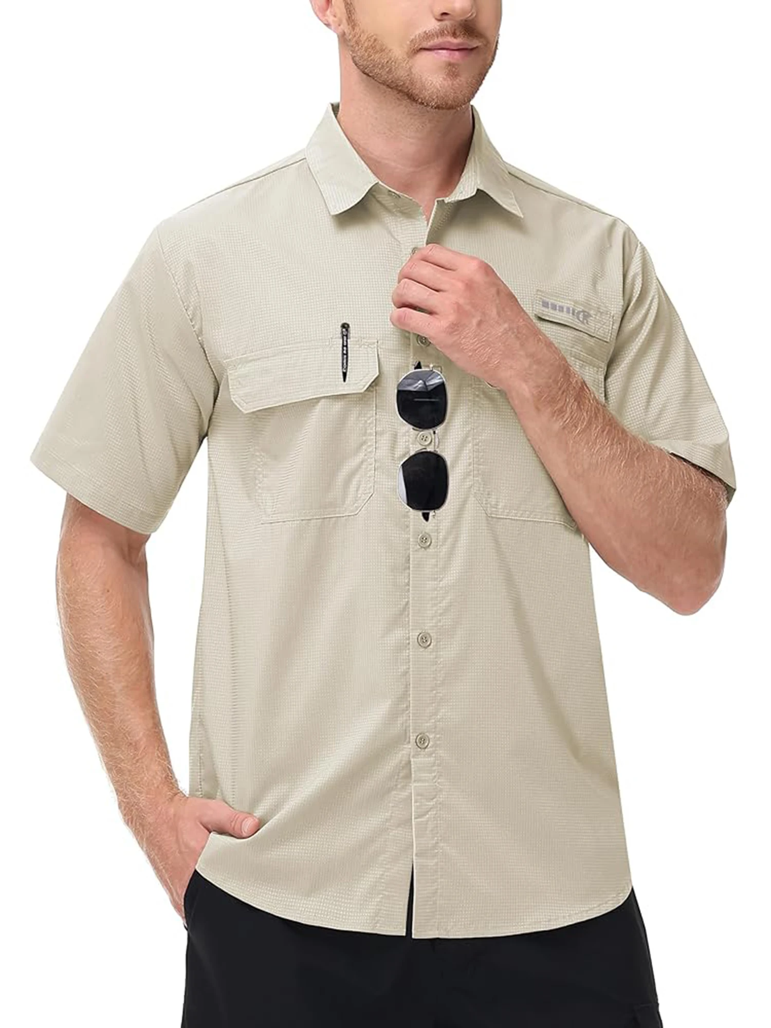 Herren UPF 50+ Kurzarm-Angelhemden mit Sonnenschutz, Rashguard, lässiges Button-Down-Angel-Wandershirt mit atmungsaktivem Mesh – Detail 17