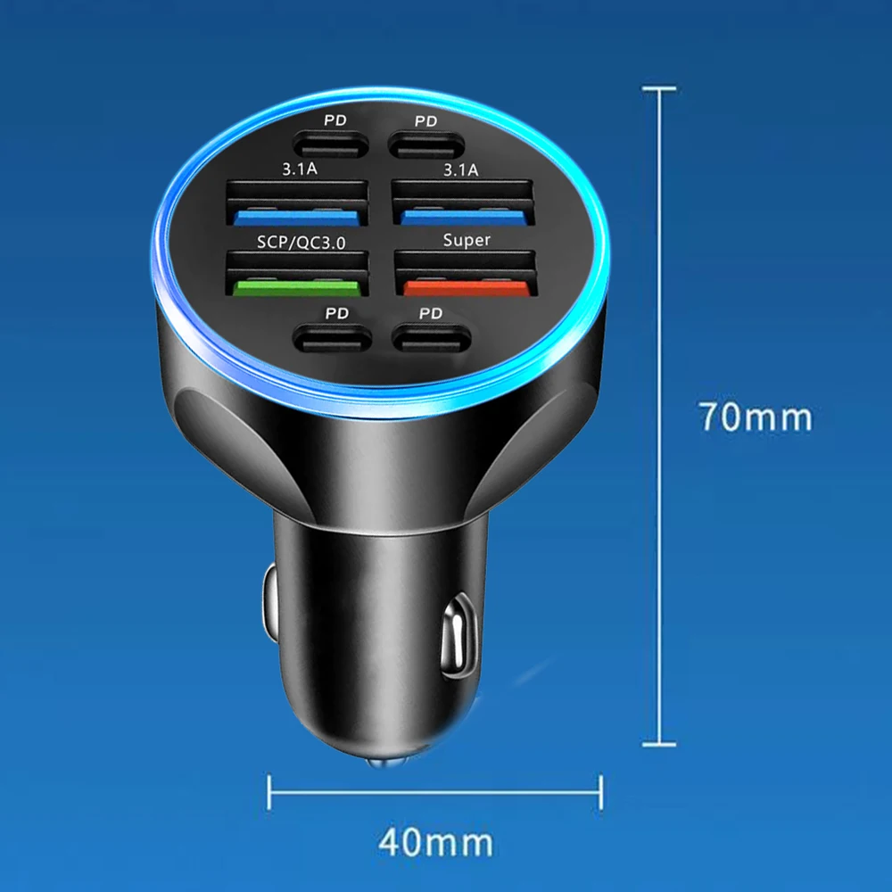 8 Ports 4usb 4PD 66W Car Charger PD Type C Fast Charging Auto Mobile Phone Adapter For iPhone Samsung Huawei Xiaomi QC 3.0