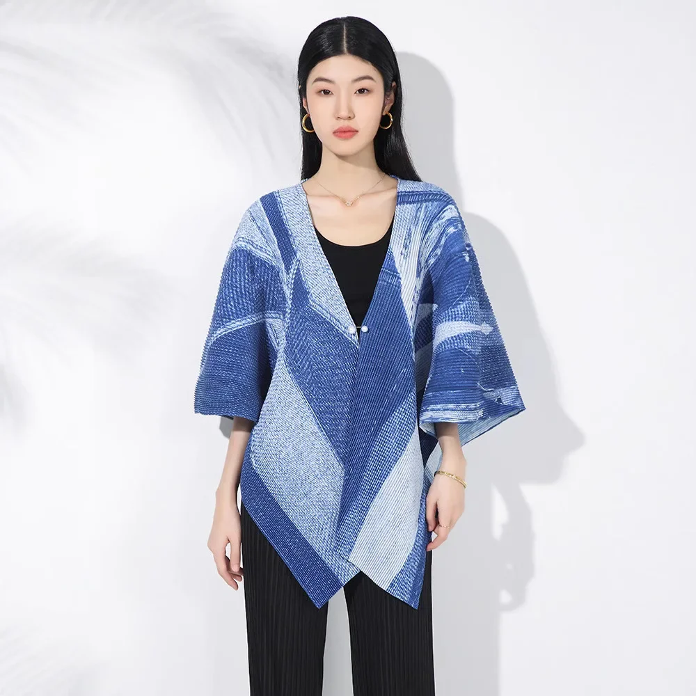 Miyake Pleated Shirt Loose Lapel Oversized Jackets Art Pleated Printed Loose Large Size Versatile Coat Shawl