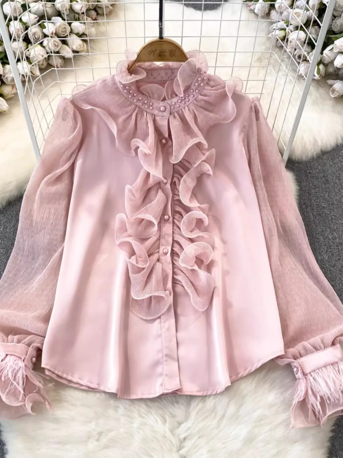 

Spring Summer 2024 Chiffon Shirt Women Stand Collar Beading Ruffled Solid Blouse Top Female Lantern Sleeve Vintage 44917