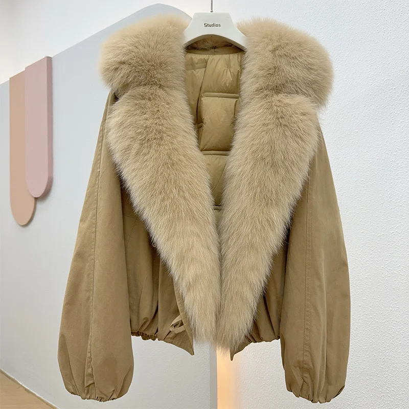 新しいファッション冬暖かい女性ダウンジャケット本物の天然キツネの毛皮の襟ジャケット厚い女性カジュアルアウターパファーパーカーコート