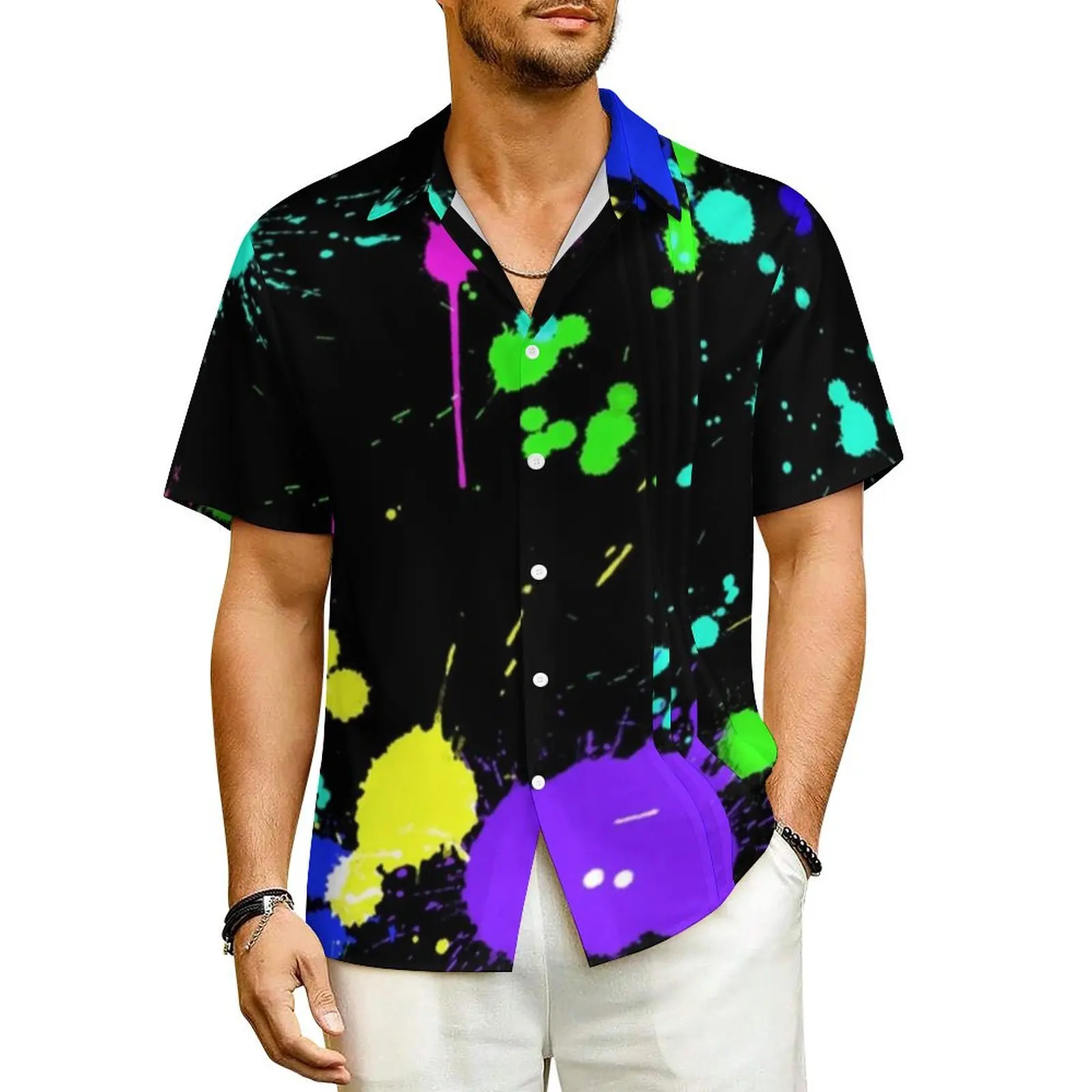 

Neon Paint Splatter Casual Shirt Abstract Graffiti Elegant Hawaiian Shirts Men Short Sleeve Beach Design Oversize Blouses