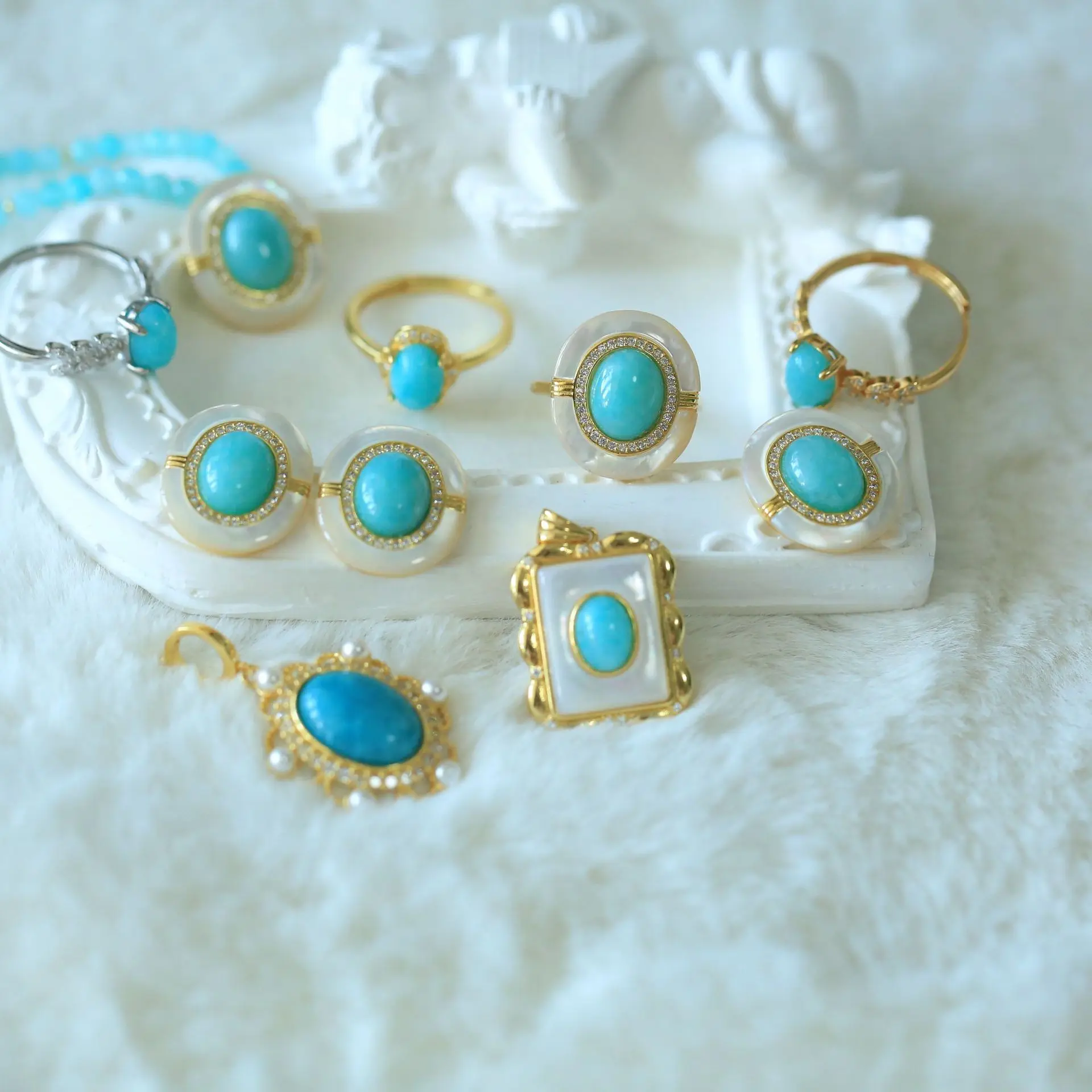 

S925 Silver Inlay Amazonite Pendant Necklace Earrings Ring Suit