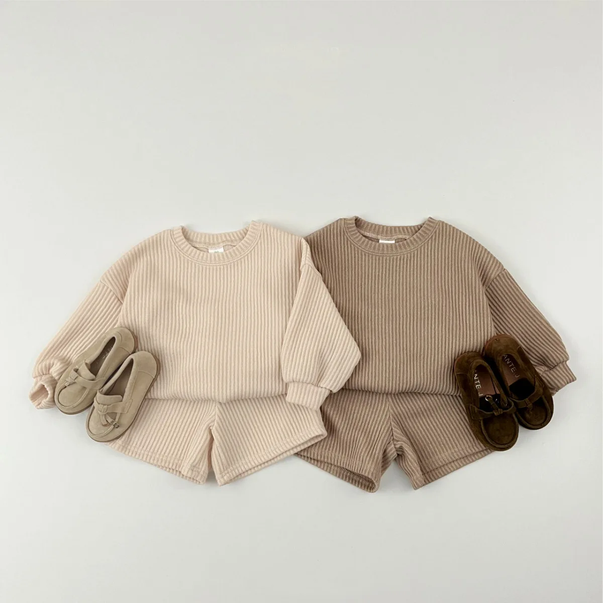 2025 Autumn New Children Long Sleeve Clothes Kids Boys Girls Casual Ribbed Sweatshirt + Shorts 2pcs Suit Cotton Toddler Outfits