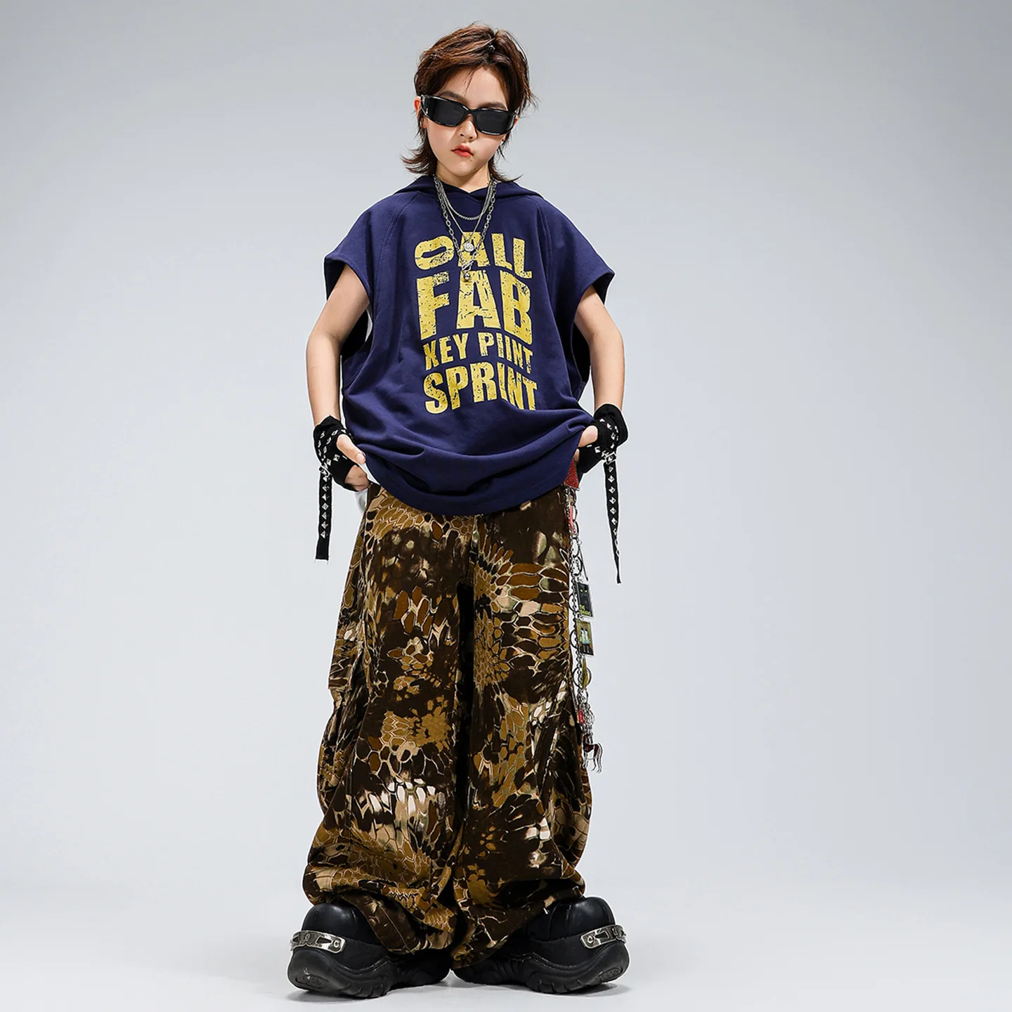 

Kid Kpop Hip Hop Clothing Navy Blue Hoodie Tank Top Snake Print Casual Wide Cargo Pants for Girl Boy Dance Wear Costumes Clothes