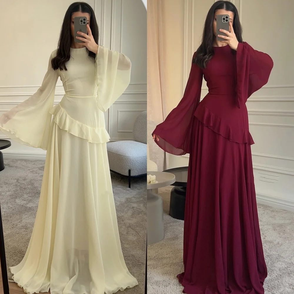 

Customized Modern Style Matching Chiffon Ruched Straight High Collar Long Dresses Bespoke Occasion Dresses Sizes Available Retro