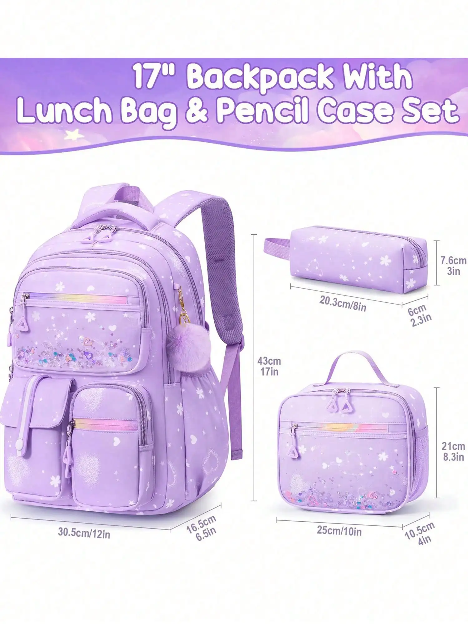 3pcs School Backpack For Teens, Waterproof Backpack With Lunch Box & Pencil Case Set, Cute Travel Bookbag School Bag For Back To School Supplies
