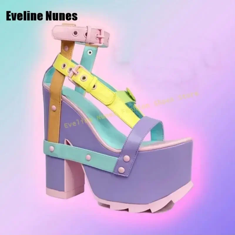 Dames Macaron Kleurblok Platform Wedge Sandalen Multi-gespbandje Dikke hakken voor Y2K Rave Festival Party Hoge hakken Zomer - afbeelding 2
