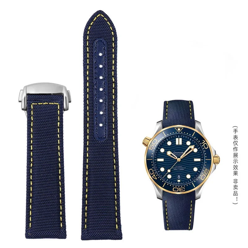 

For Omega Seamaster 300 Fabric Leather AQUA TERRA 150 cupuncture needle captain Woven Nylon Canvas Watch Blue Strap 19mm 20mm