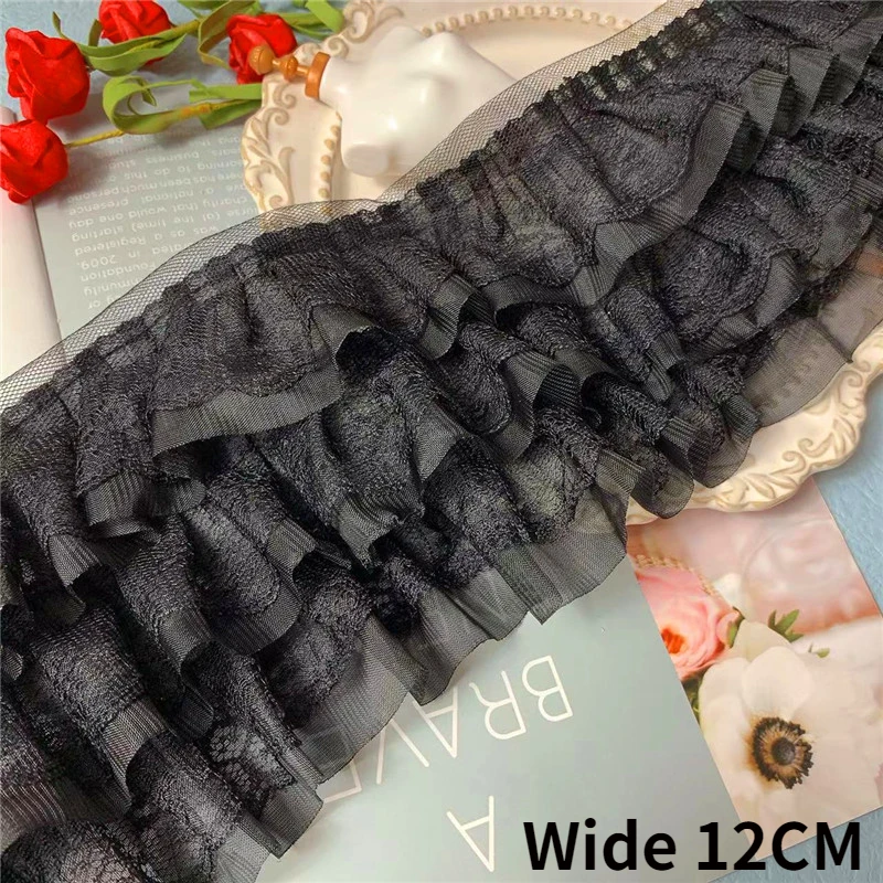 12CM Wide Three Layers White Black Chiffon 3d Pleated Lace Fabric Embroidery Fringe Ribbon Dress Collar Ruffle Trim Sewing Decor