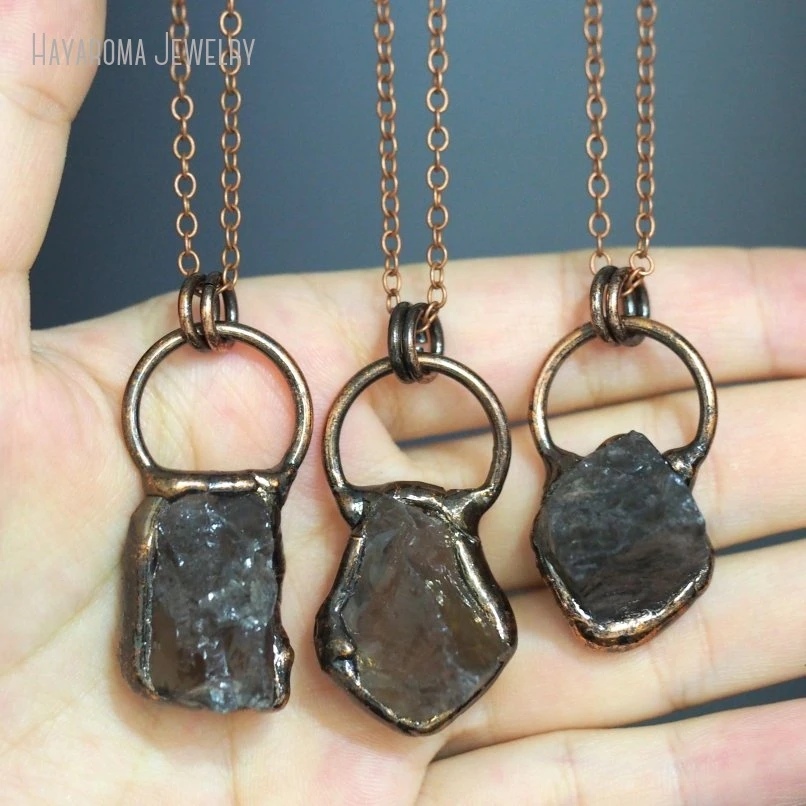 10Pcs Jewelry Handmade Vintage Antique Bronze Color Morion Smoky Crystal Geometric Free Form Nugget Necklace NM49642