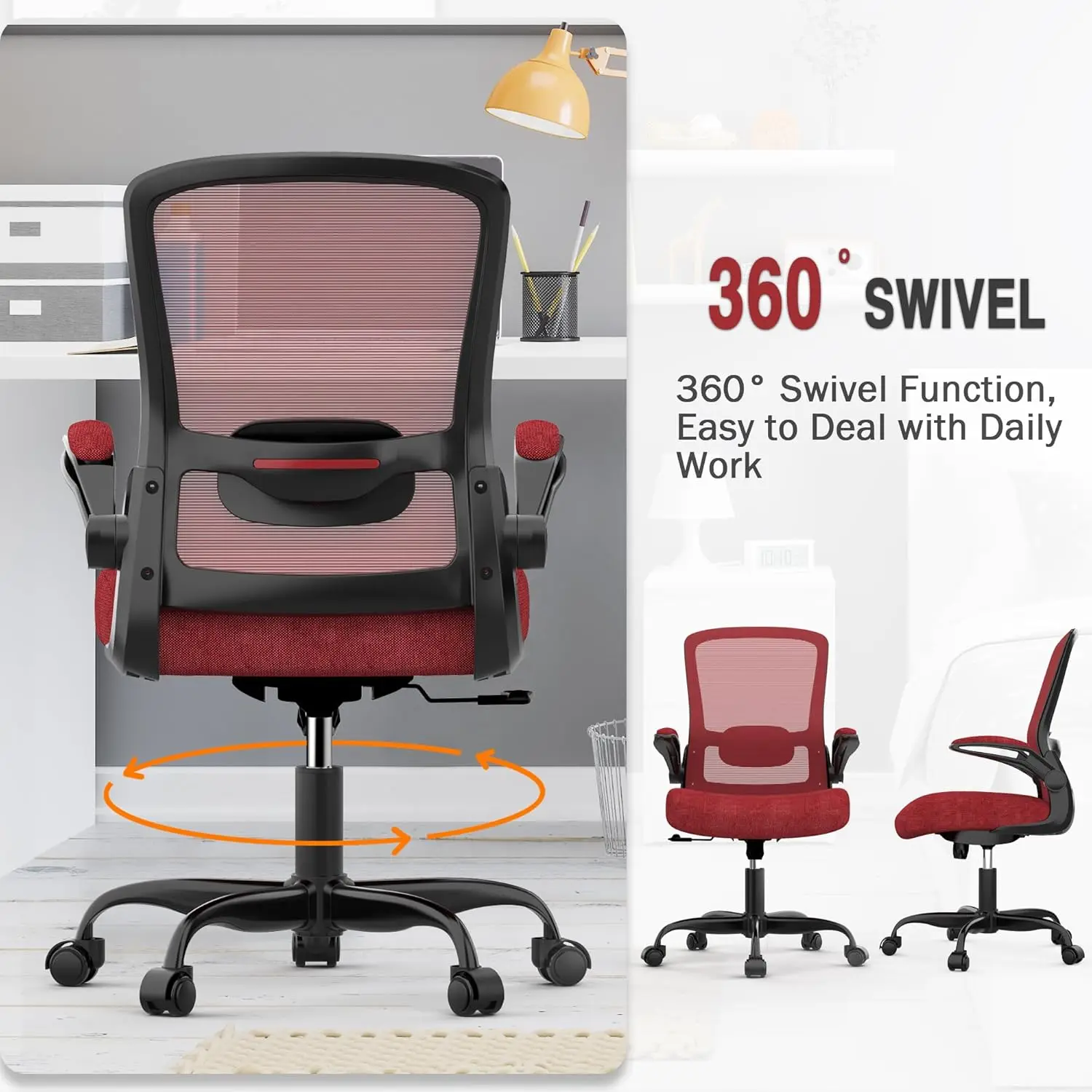 Office chair, ergonomic adjustable lumbar support, high back mesh computer chair with flip armrests