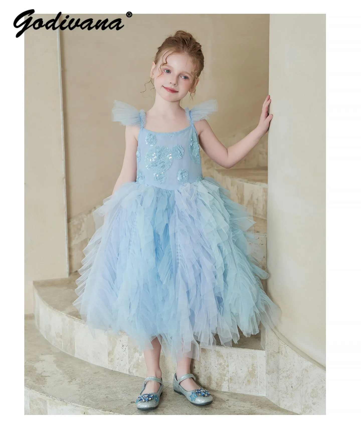 2026 New Summer Sweet Girls Sleeveless High Waist Princess Slip Dress Kids High End Blue Sequin Thin Tulle Birthday Party Gown