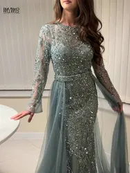 MYMB Nude Muslim Long Sleeves Beaded Formal Occasion Dresses with Detachable Train Arabic Elegant Mermaid Evening Party Gowns