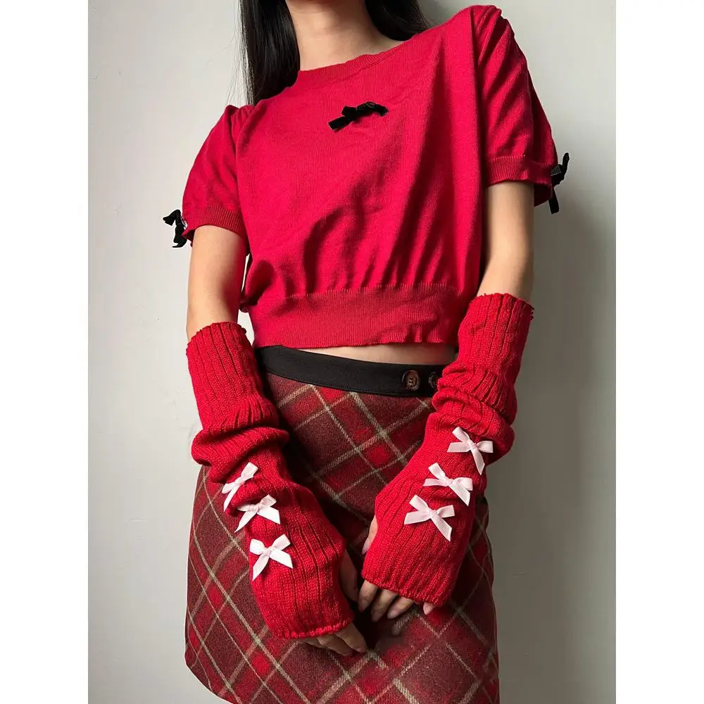 Punk Lolita Bowknot Arm Warmers Japanese Harajuke Y2K Sweet Arm Sleeve Gothic Knit Long Sleeve Fingerless Mittens for Women