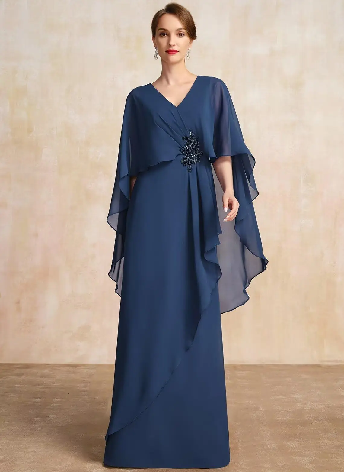 فساتين أم العروس برقبة على شكل V للسيدات مكشكشة وأكمام قصيرة من الشيفون فساتين سهرة رسمية طويلة