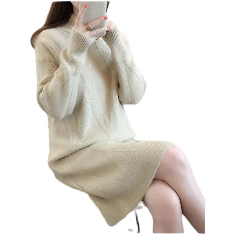 Coreano mezzo collo alto maglione dritto vestito donna inverno Casual al ginocchio manica lunga fondo caldo abiti lavorati a maglia femminile