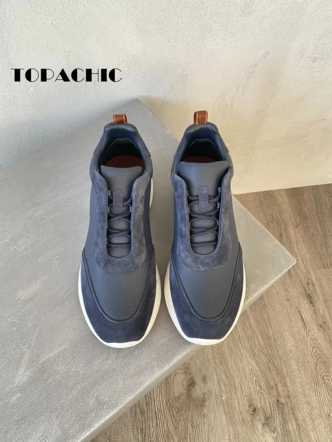 9.11 TOPACHIC Men Fashion New Sneakers Cowhide Spliced Lace-up Round Top Thick Sole Hard-Wearing Casual Shoes