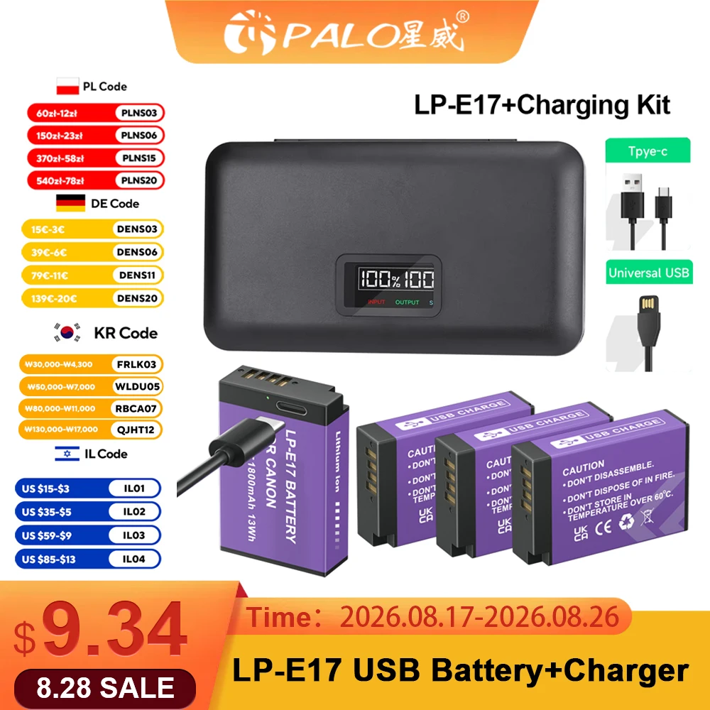 PALO LP-E17 LPE17 LP E17 Kamera-Akku+LCD USB-Ladegerät für Canon EOS R8 RP R50 200D 250D M3 M5 M6 750D 760D T6s 800D 8000D 77D