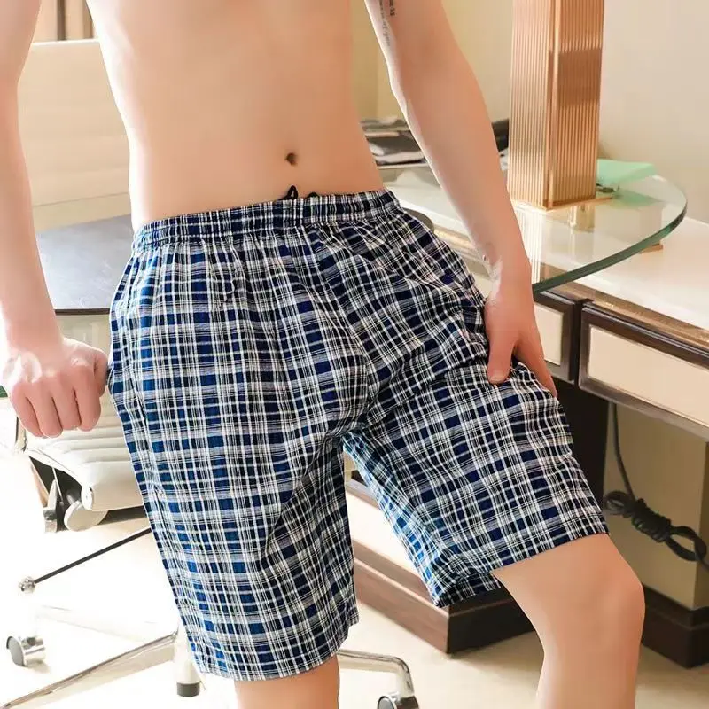 Mens Underwear Boxer Shorts Casual Cotton Sleep Bottoms Plaid Loose Homewear Men Arrow Pants Breathable Male Sleepwear Shorts