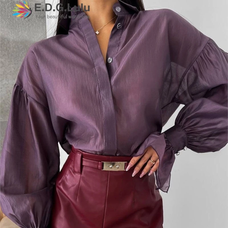 

EDGLuLu 2025 New Fashion Turn-Down Collar Long Sleeve Shirt For Women Casual Street Single Button Office Loose Green Blouse 0527