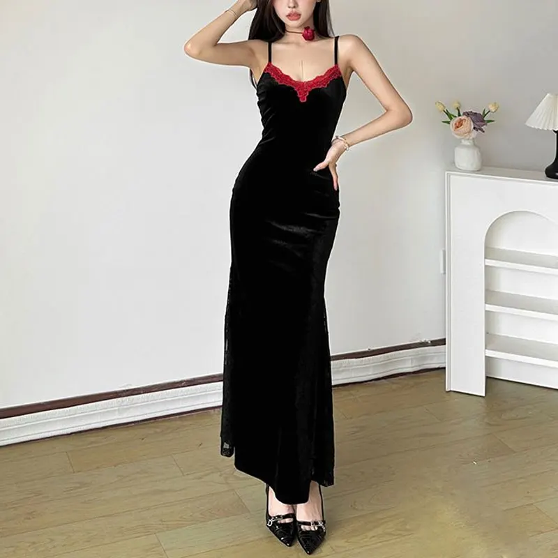 

Sexy Vintage V-Neck Slip Long Dress Autumn Winter Solid Color Female Halloween Waist Slim Fashionable Lace Patchwork Dresses New