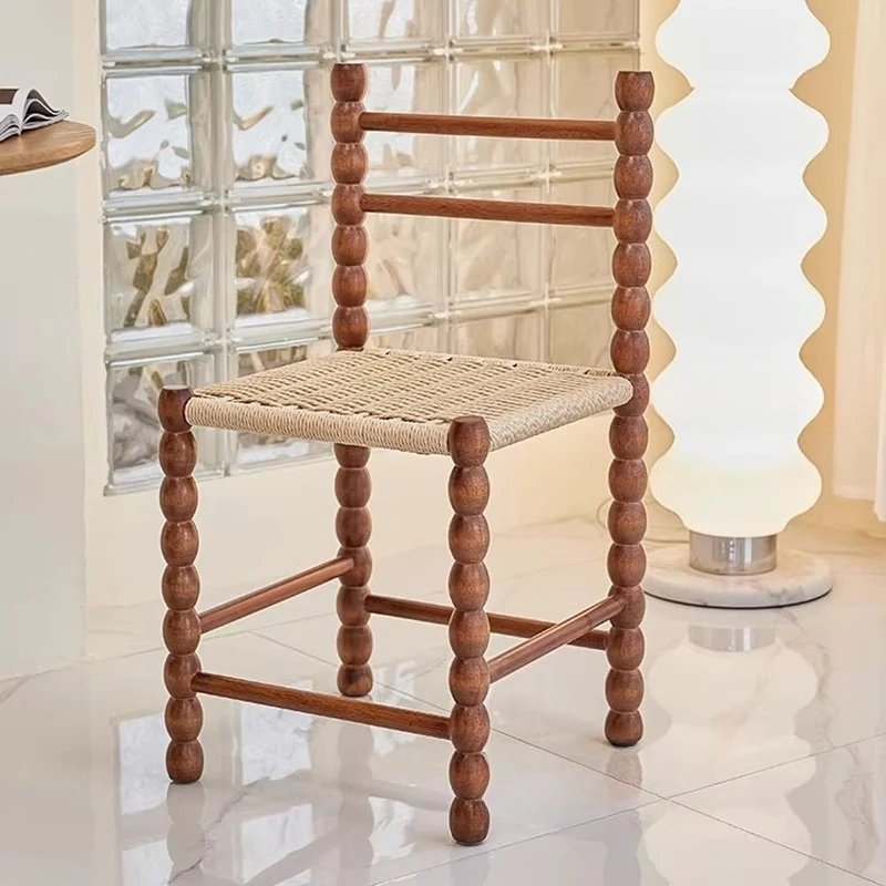 Nordic Vintage Woven Rope Stool Solid Wood Chair Retro Gourd-Shaped Seat with French Backrest for Living Room