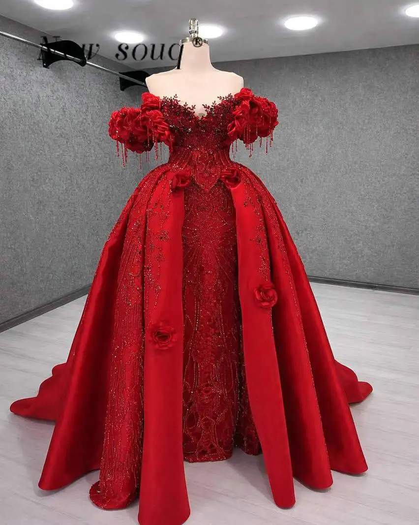 Red Luxury Prom Dresses with Puff Overskirt Beading Tassel Flowers Off Shoulder Pageant Events Evening Gowns Women Customized