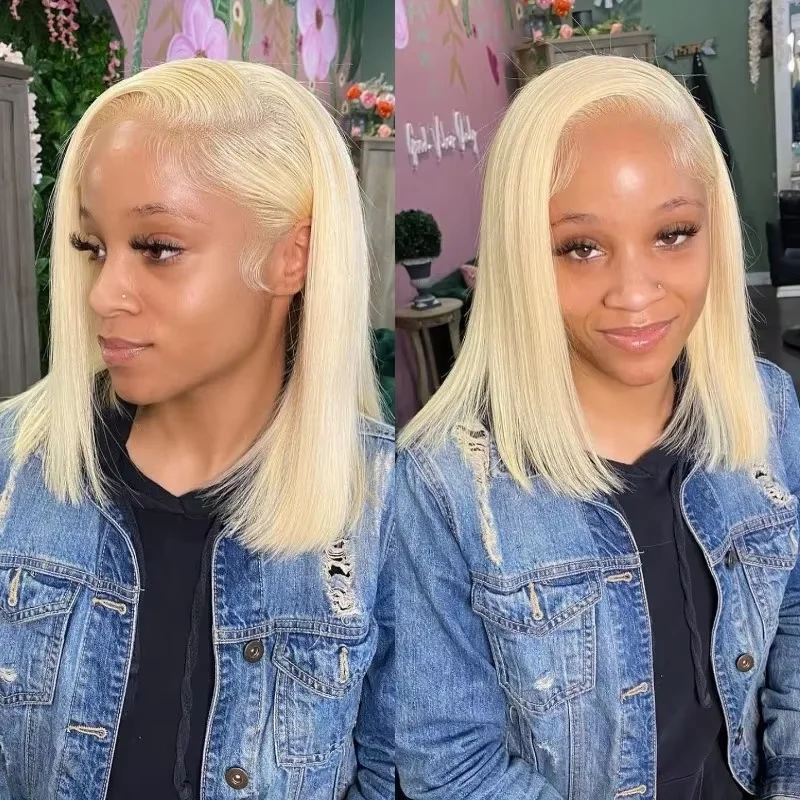 613 Blonde 200 Density Straight Short Bob HD Transparent 13x4 13x6 Full Frontal Lace Human Hair Wigs Pre Plucked Human Hair Wig