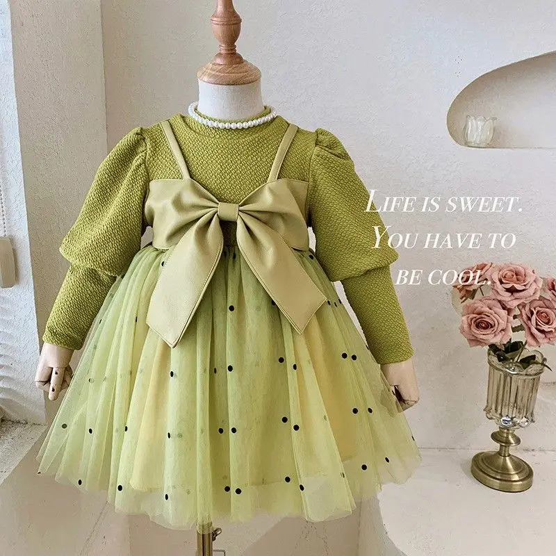 Children\'s Clothing Fake Two Pieces Solid Korean Kids Round Neck Patchwork Big Bow Long Sleeve Girls Party Fluffy Yarn Dresses