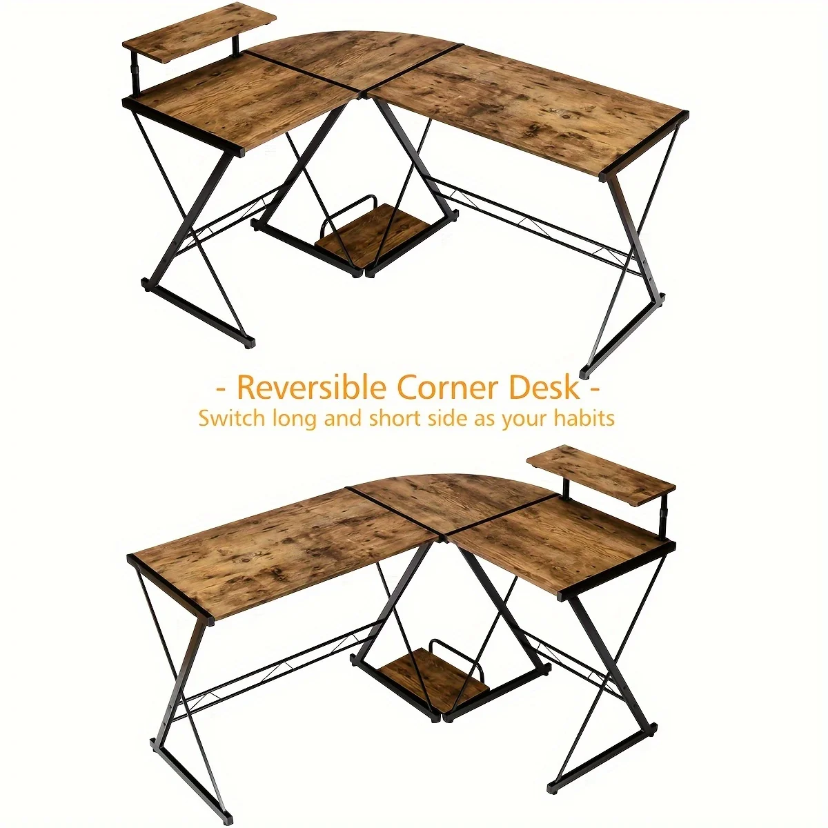 1pc L Shaped Desk, Industrial Reversible Corner Computer Desk With Shelf And CPU Stand, For Bedroom, Office, Study Tablas Consol