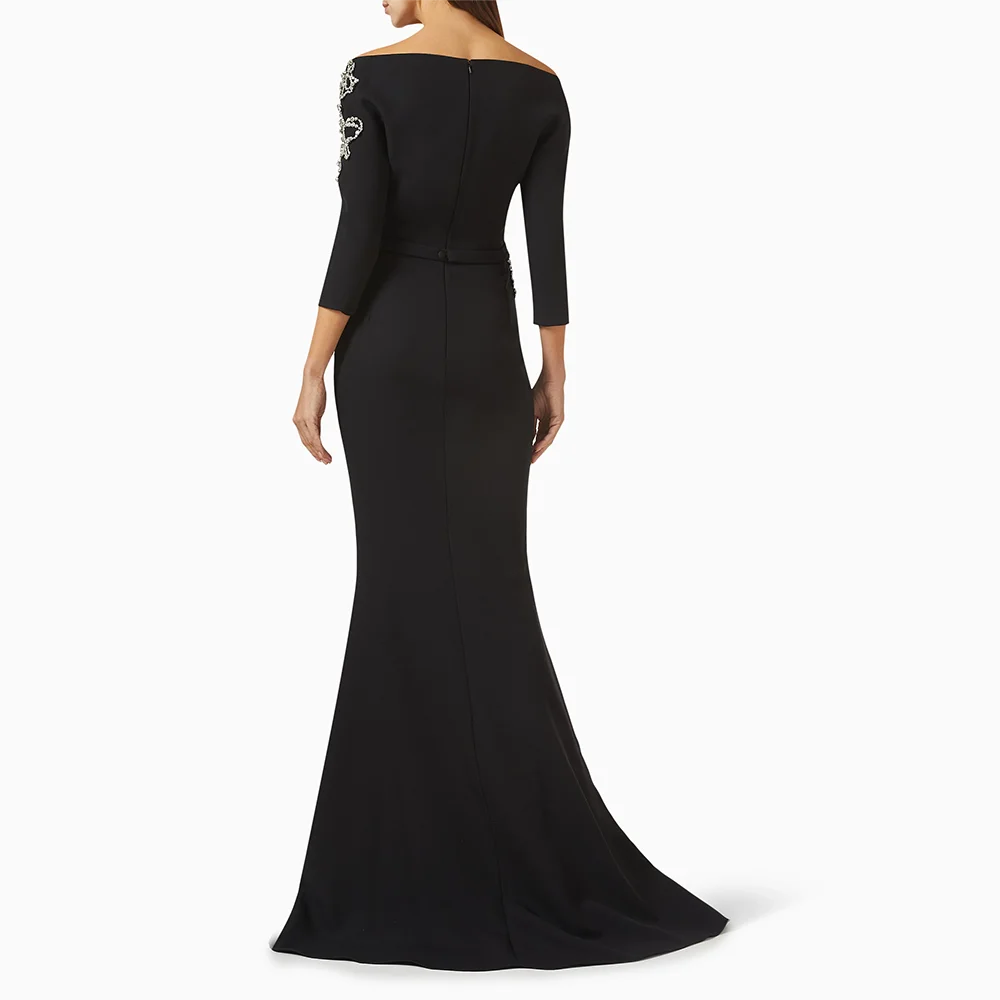 Elegante abito da sera nero con spalle scoperte in jersey maniche a 3/4 abiti da sera lunghezza pavimento abiti formali Paty personalizzati