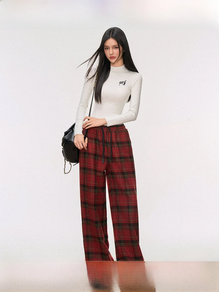 

WESTAYONE Casual Plaid Woolen Pants Women's Wide Leg Straight Tube Long Pants Floor-Length Trousers Commute Sle Thiened F...