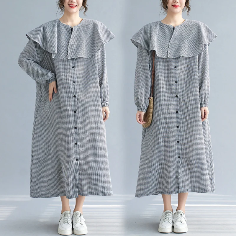 

Длинное платье для похудения в клетку для женщин больших размеров, художественное платье на пуговицах с высокой талией, весна-осень, длинное платье